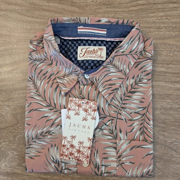 🔴 Jachs NY Shirt Mens Large Palm Print Short Sleeve Button Up Pink Gray - Picture 10 of 14